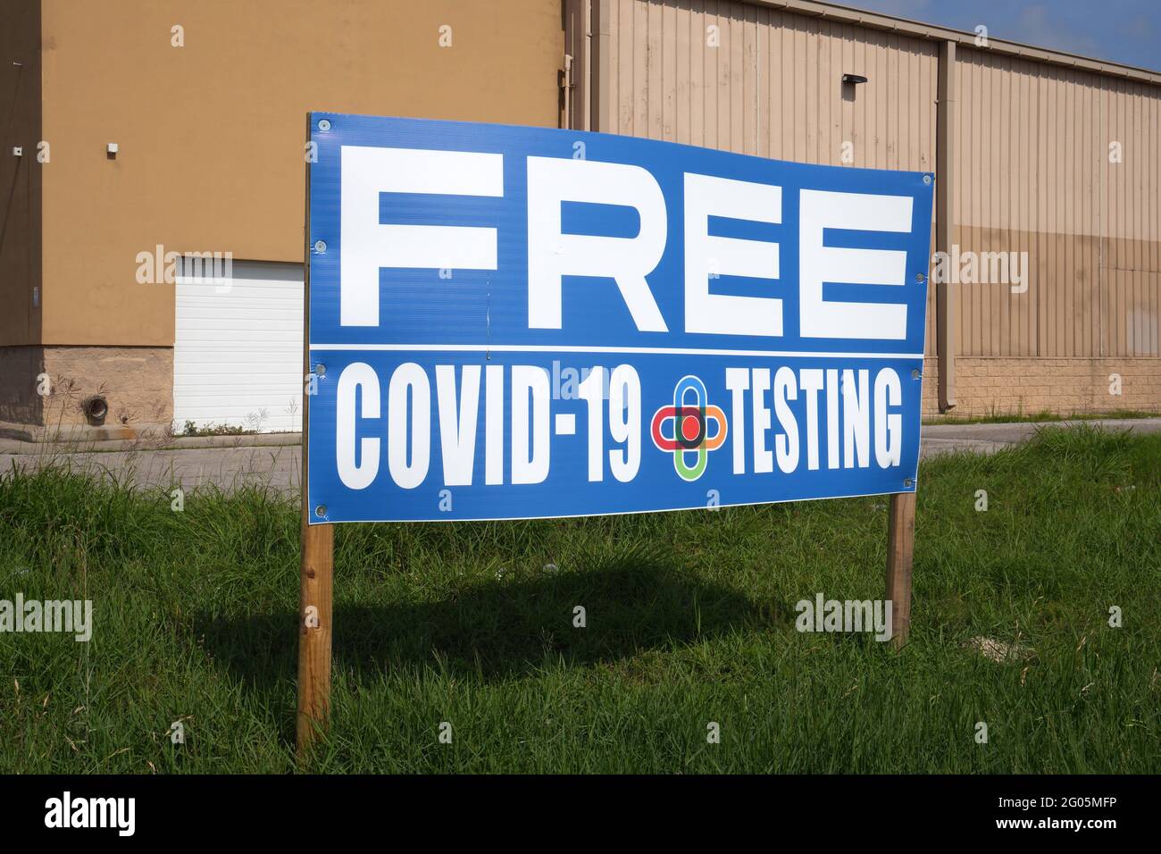A free COVID-19 Testing sign, Sunday, May 30, 2021, in Houston. Stock Photo