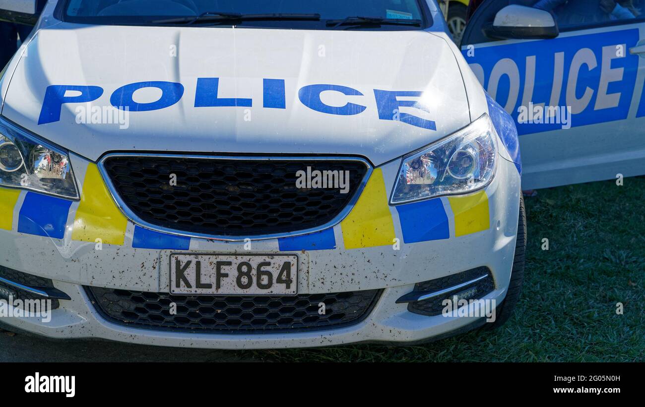 New Zealand police car patrol vehicle with a door open. Stock Photo