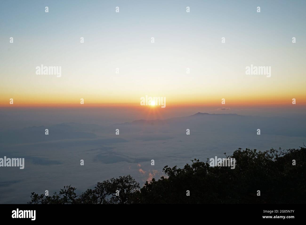 Natural landscape of sunrise view with mountain range and cloudy blue ...