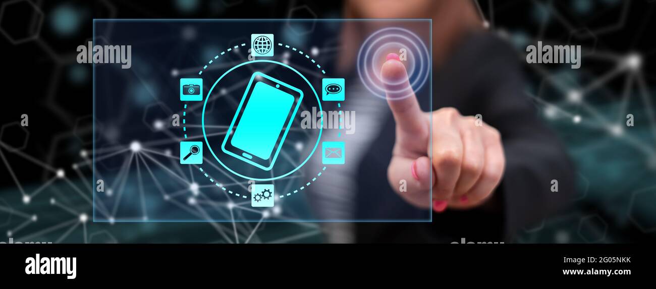 Woman touching a mobile apps concept on a touch screen with her finger ...