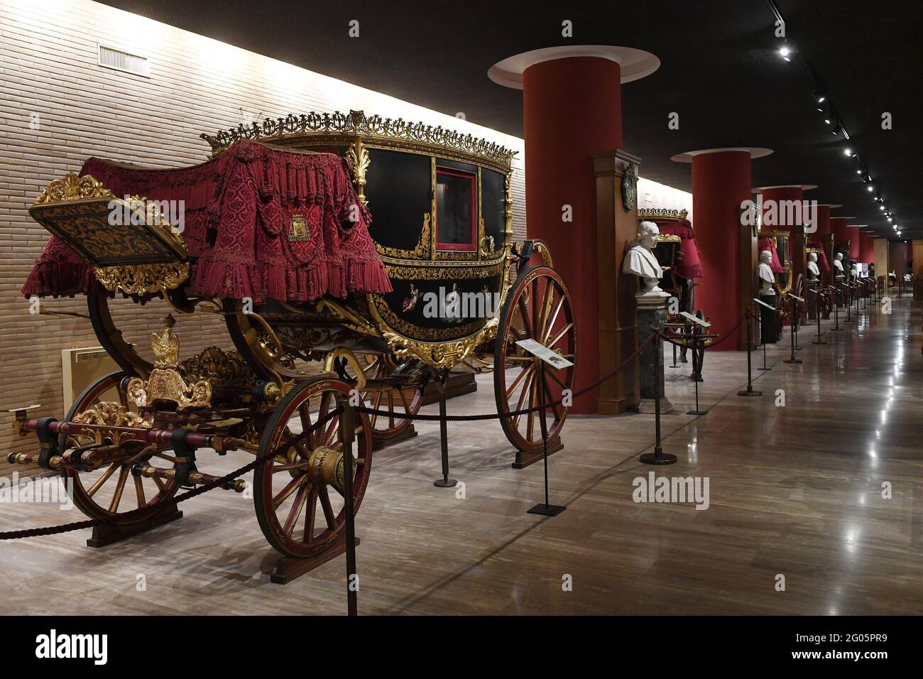 Berlin of Cardinal Lucien-Louis Bonaparte (1868) within the carriage pavillon of the Vatican Museums on March 2021.- Inaugurated in 1973 by pope Paul VI the carriage pavillon (Padiglione delle Carrozze) of the Vatican Museums shows a collection of ceremonial berlins, sedan chairs, various automobiles and popemobiles belonging to Pontiffs or Princes of the Holy Roman Church. - Assembled in Rome by Gaetano Peroni, supplier to the Papal Stables, using parts of French craftsmanship, this elegant Berlin belonged to Cardinal Lucien-Louis Bonaparte, who had received it as a gift from his cousin Napol Stock Photo