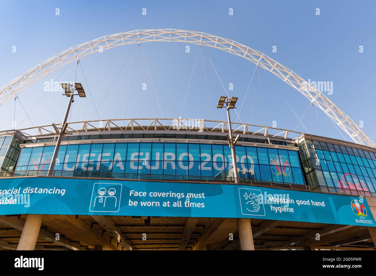 Wembley Stadium, Wembley Park, UK. 1st June 2021.   Postponed by the Coronavirus pandemic, Wembley is finally starting to take shape for the Euro 2020 - UEFA European Football Championship with Wembley Stadium's display now showing the Euro 2020 logo and artwork.   Gareth Southgate is set to confirm his 26-man England squad ahead of UEFA deadline this evening.  Amanda Rose/Alamy Live News Stock Photo