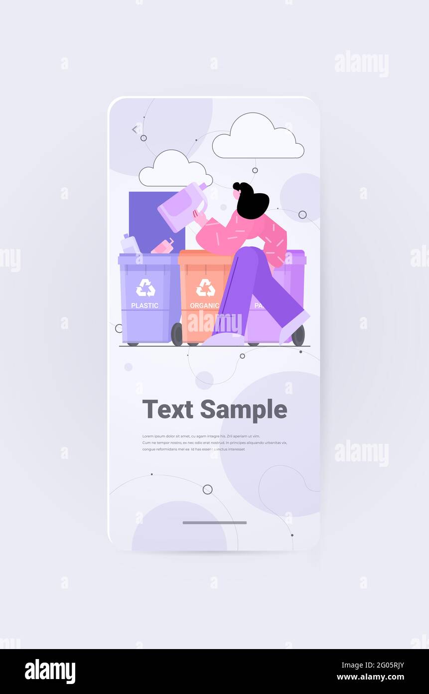 woman putting garbage bags in different types of recycling bins