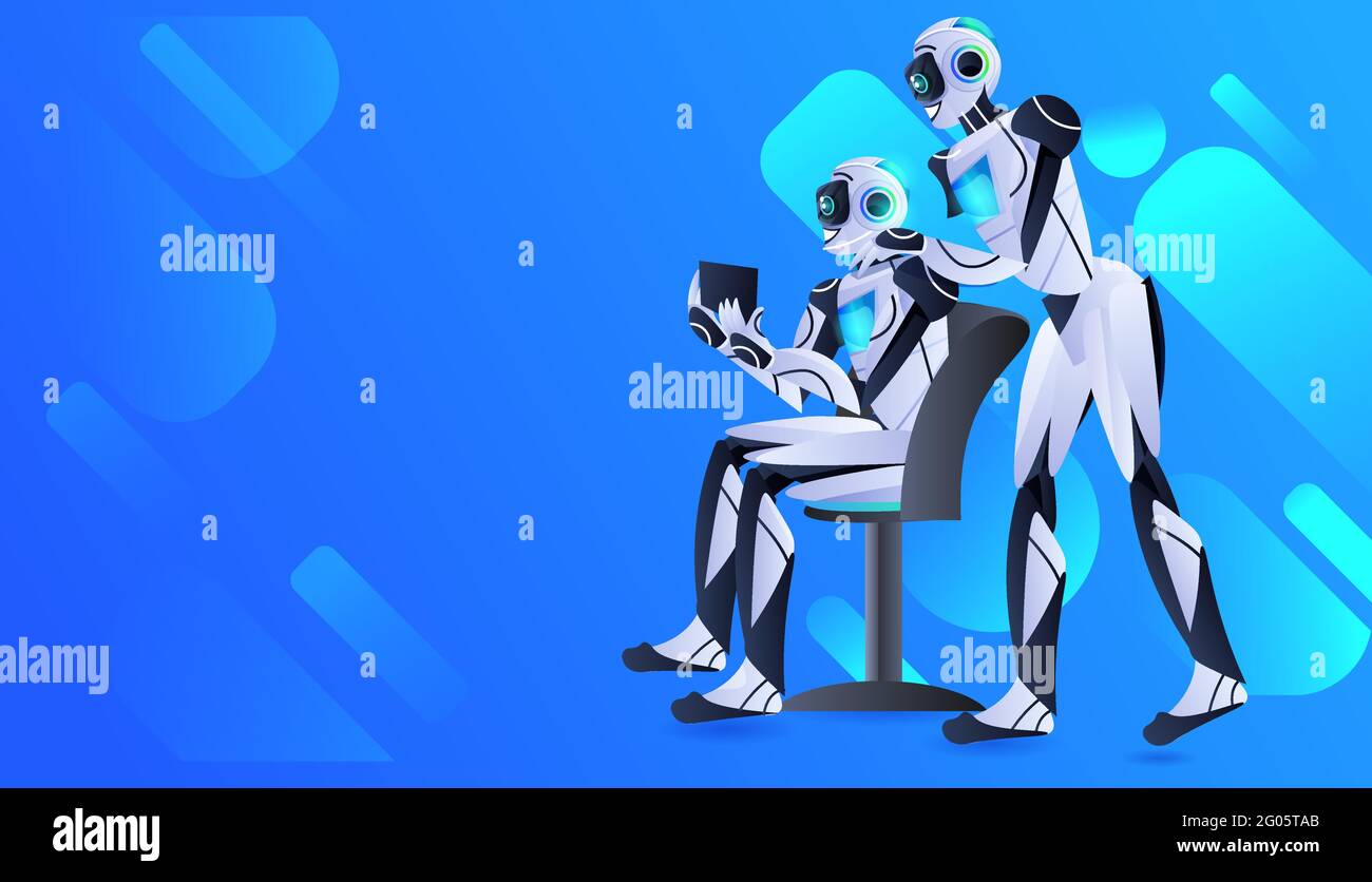 robots couple using tablet pc modern robotic characters artificial intelligence technology concept Stock Vector