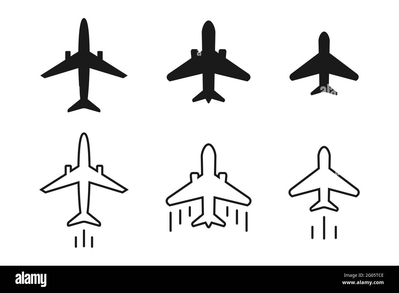 Airplane icon set. Various aircraft collection. Linear and glyph icons. Big and small passenger and fighter plane. Flying, traveling concept. Vector Stock Vector