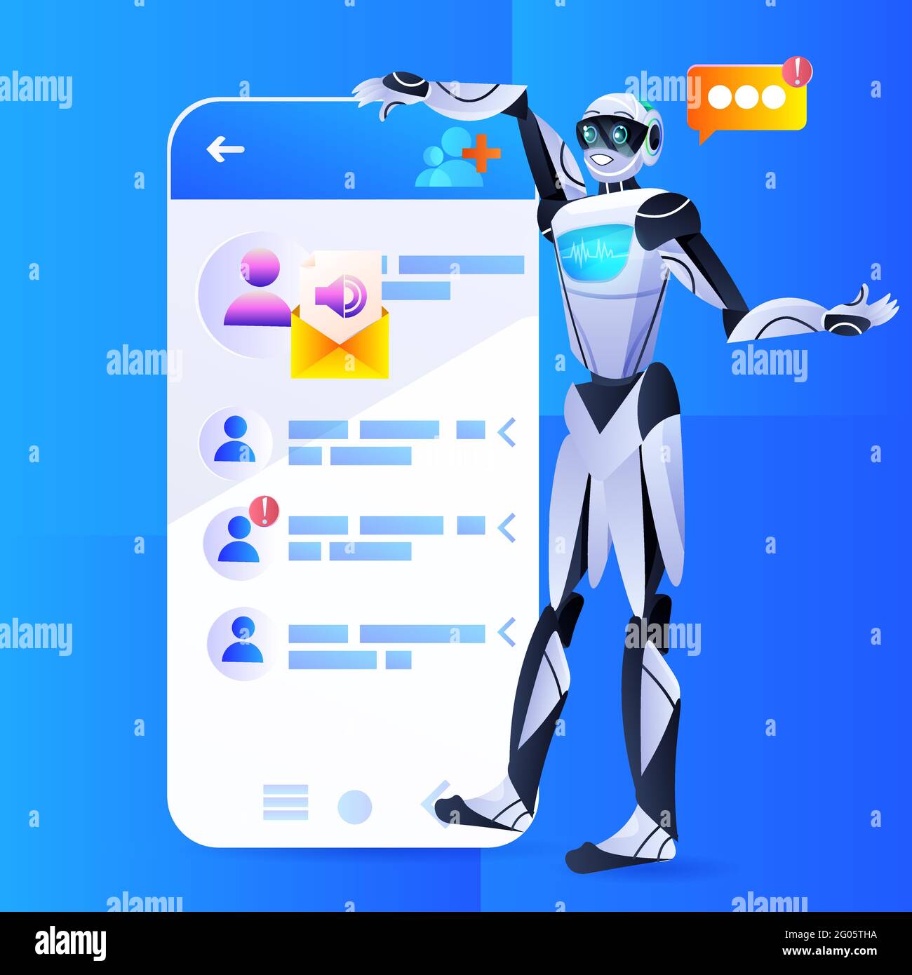 robot chatbot assistant using mobile messenger app speech bubble online communication artificial intelligence concept Stock Vector