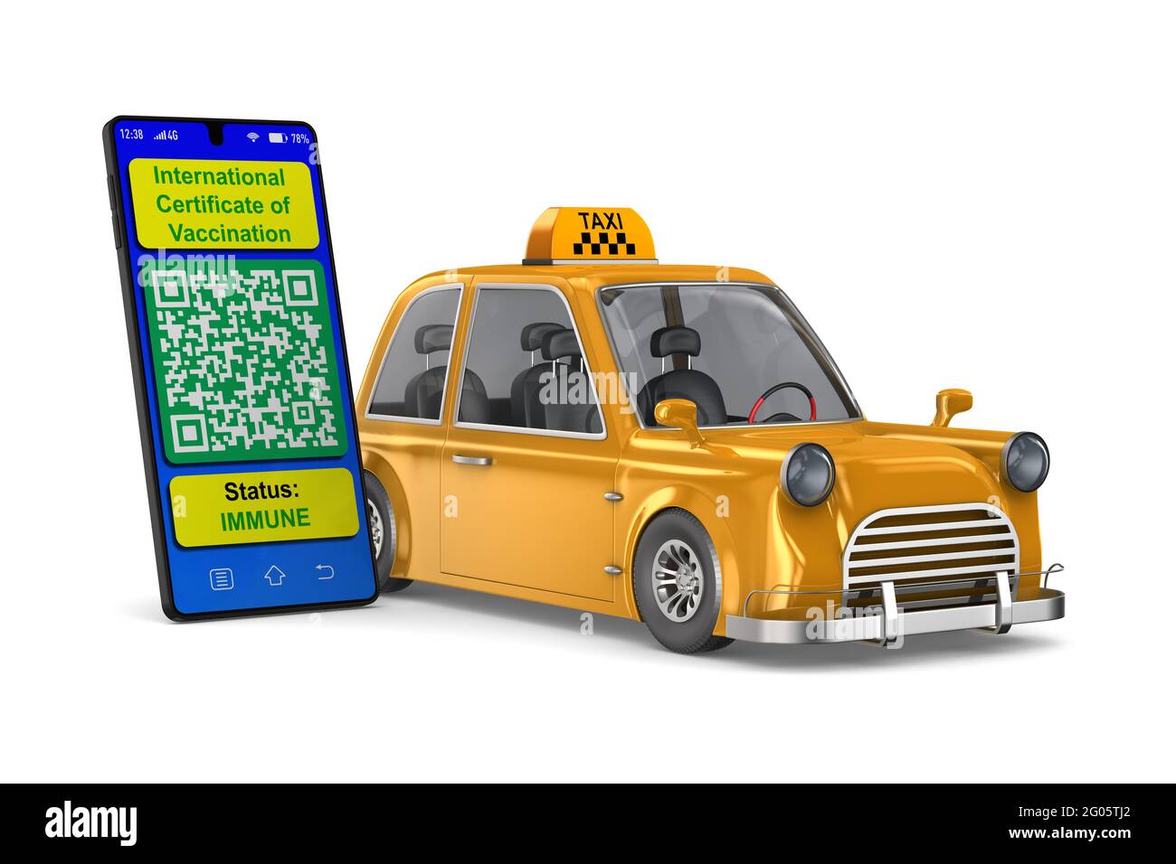 Yellow taxi and digital passport of vaccination in phone on white background. Isolated 3D illustration Stock Photo