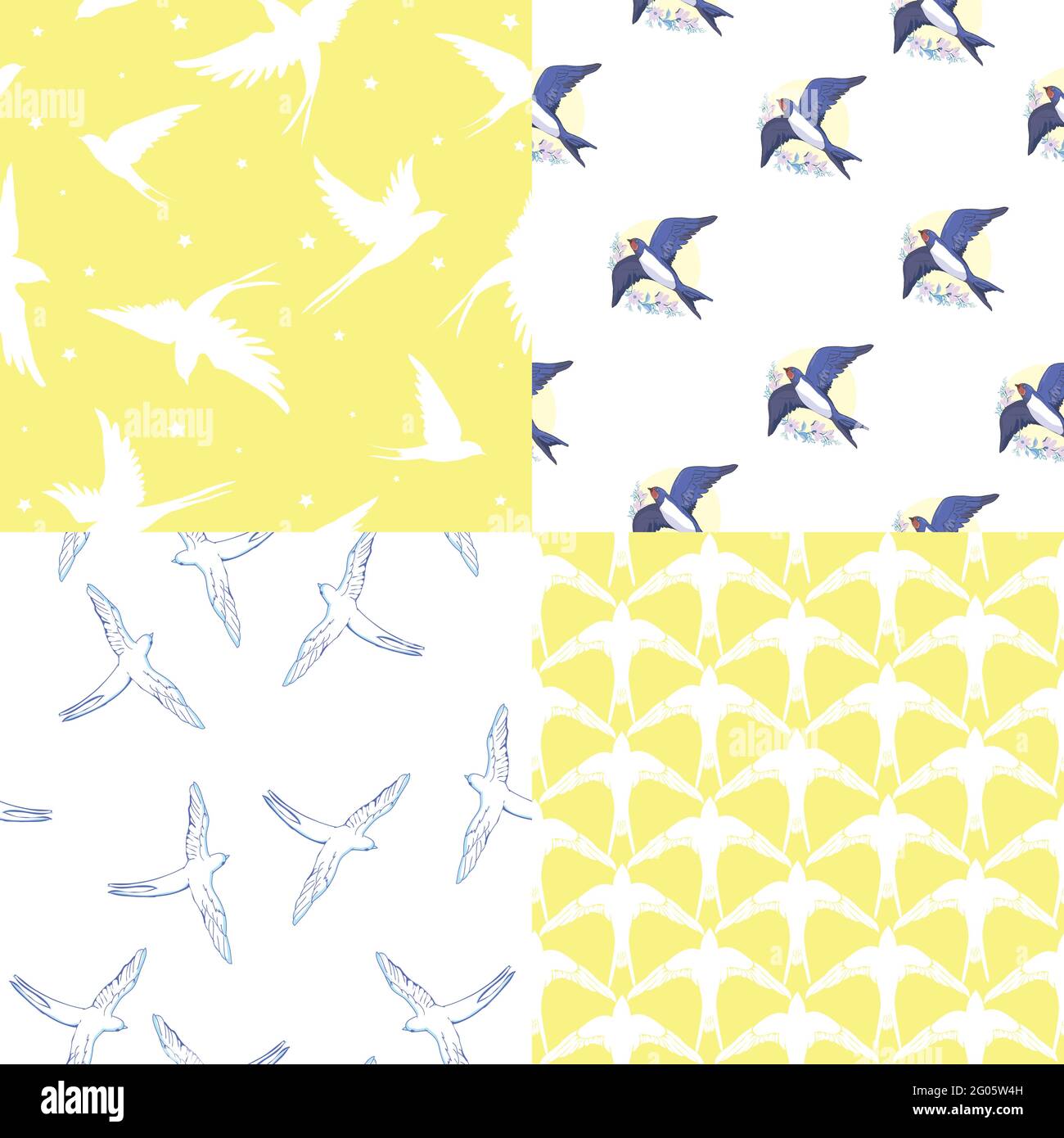 Seamless natural pattern. Many swallows fly in the sky, graphic drawing, wallpaper Stock Vector