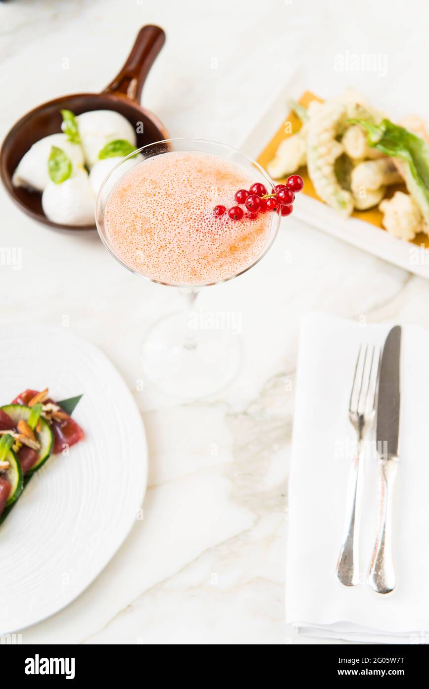 Still life of Bulgari cocktail with smoked mozzarella, seafood and fried  vegetables at Il Bar inside Bulgari Hotel, Milan, Lombardy, Italy, Europe  Stock Photo - Alamy