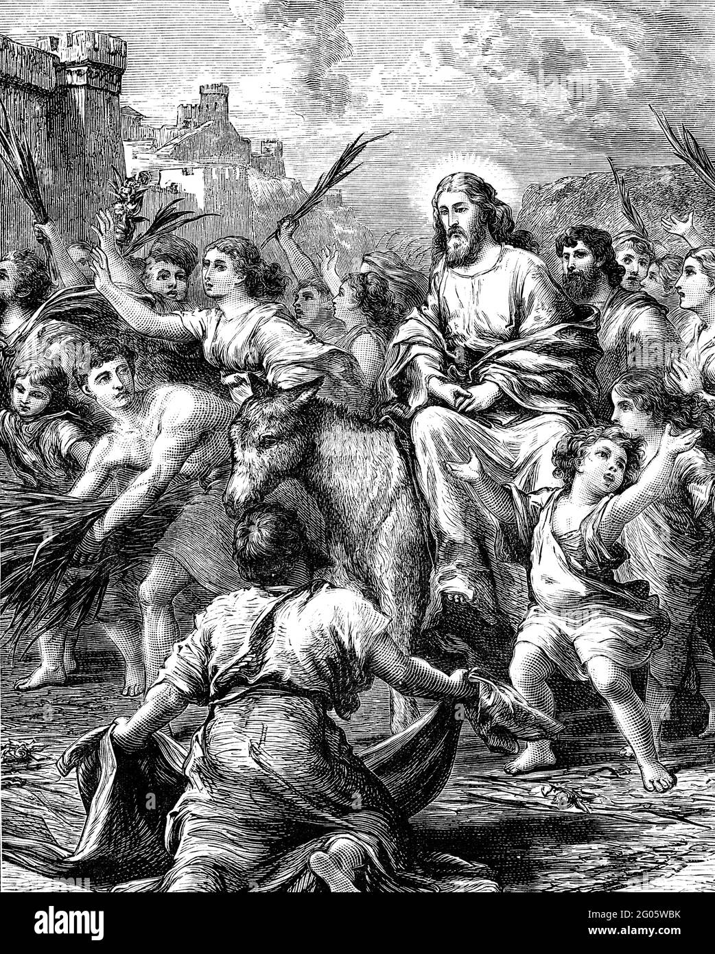 An engraved illustration image of Jesus Christ's entry into Jerusalem, from a vintage Victorian book dated 1881 that is no longer in copyright Stock Photo