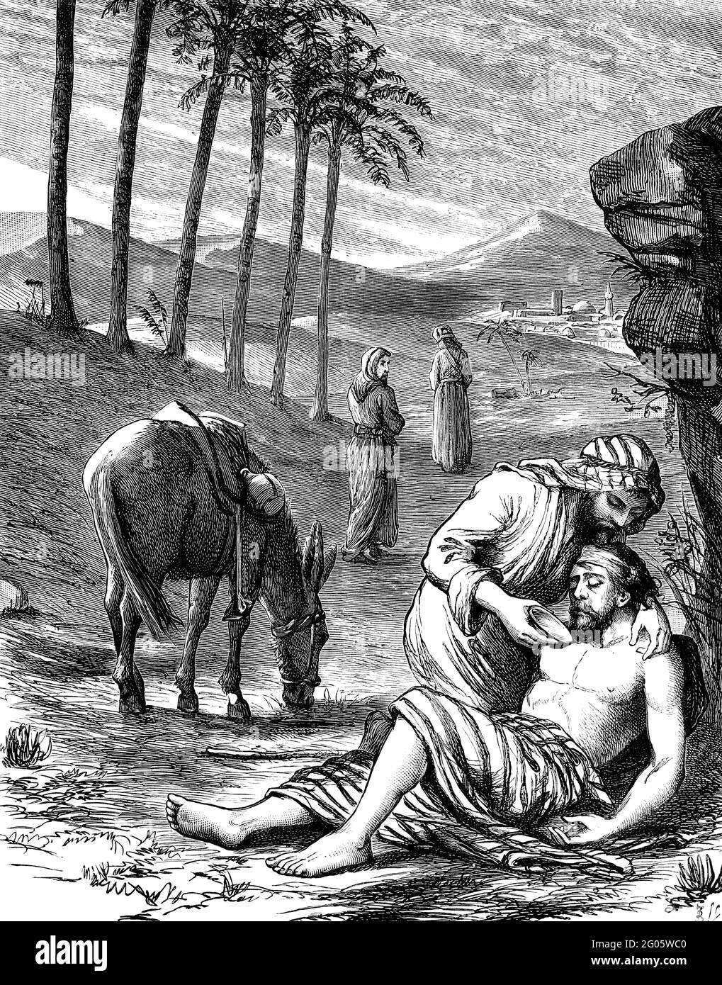 An engraved vintage illustration image of  the parable of the Good Samaritan, from a Victorian book dated 1881 that is no longer in copyright Stock Photo