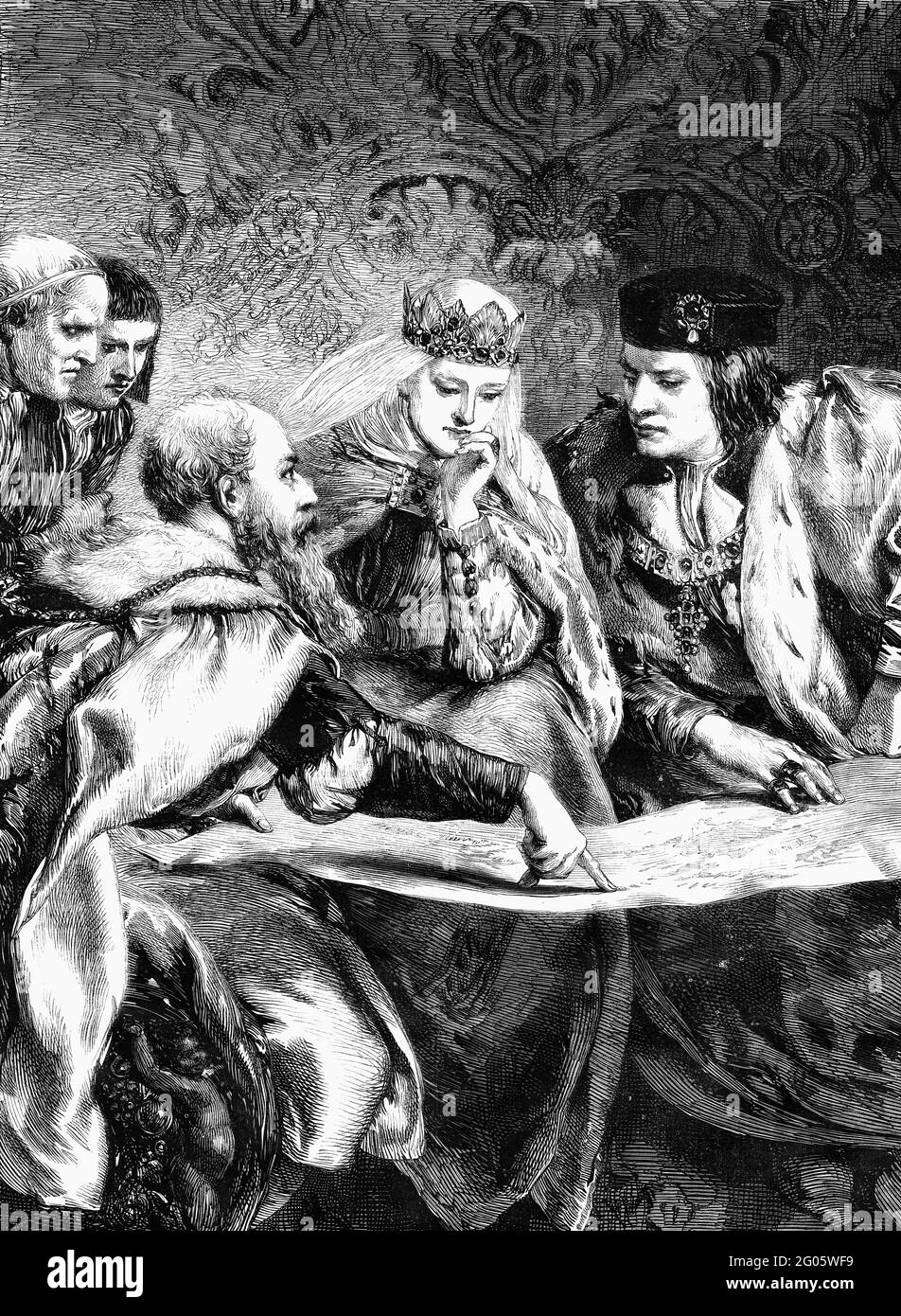 An engraved illustration of Christopher Columbus at the court of King