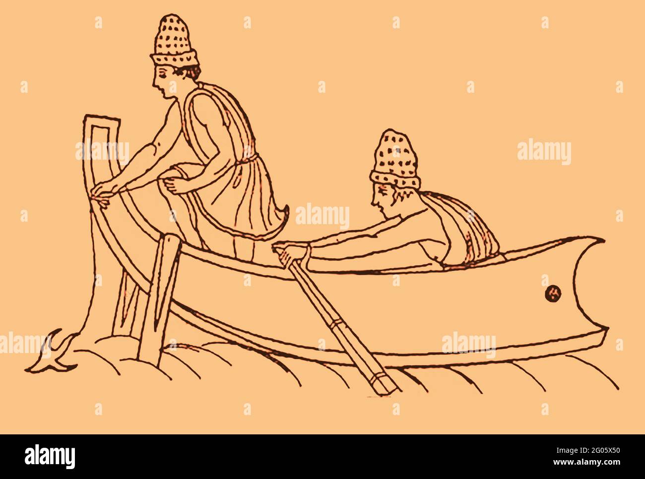 A 1914 illustration taken from an ancient Greek carving showing an ancient  Greek fishing boat and fisherman using a star shaped hook used for catching  larger fish (as opposed to ordinary net