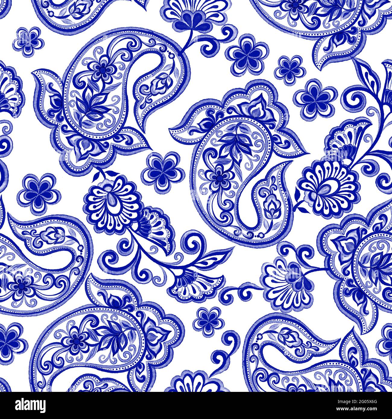 Seamless blue paisley pattern watercolor element over white background. Watercolor leaves tribal asian style decorative graphic background. Stock Photo