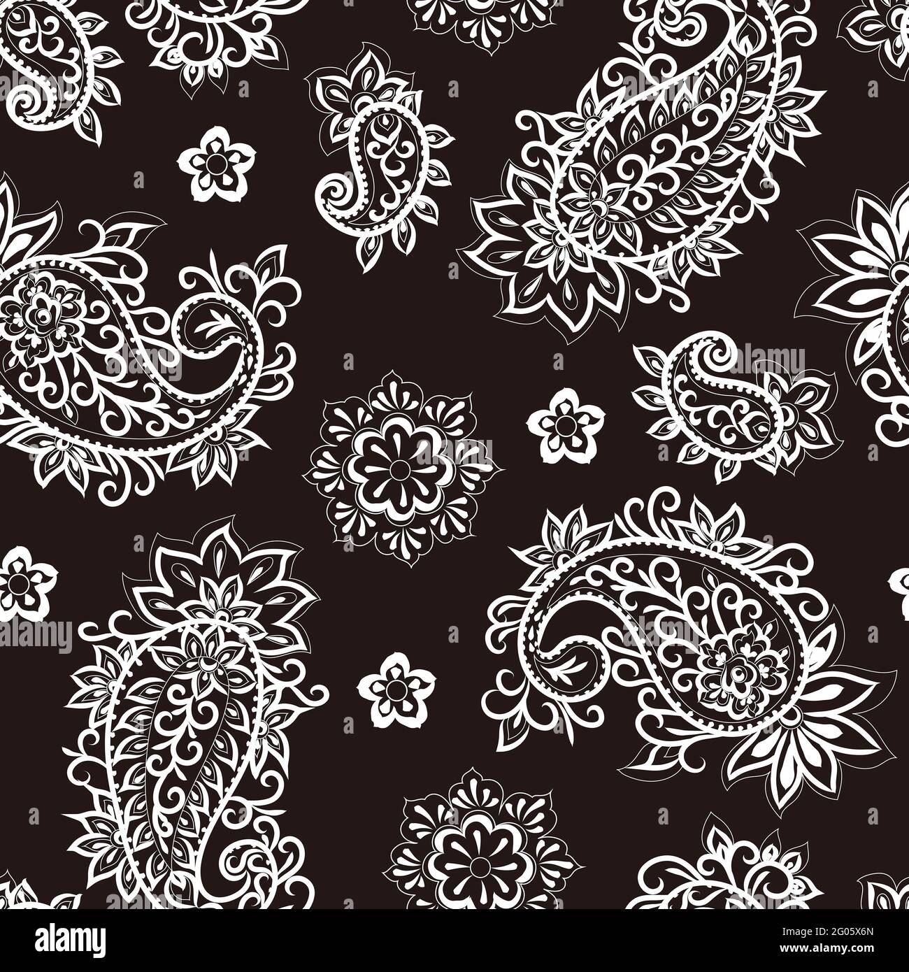 Seamless paisley pattern on a black background. Elegant hand drawn vector design elements. Stock Photo