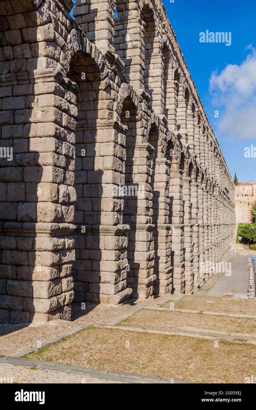 View of Roman Aqueduct in Segovia, Spain Stock Photo