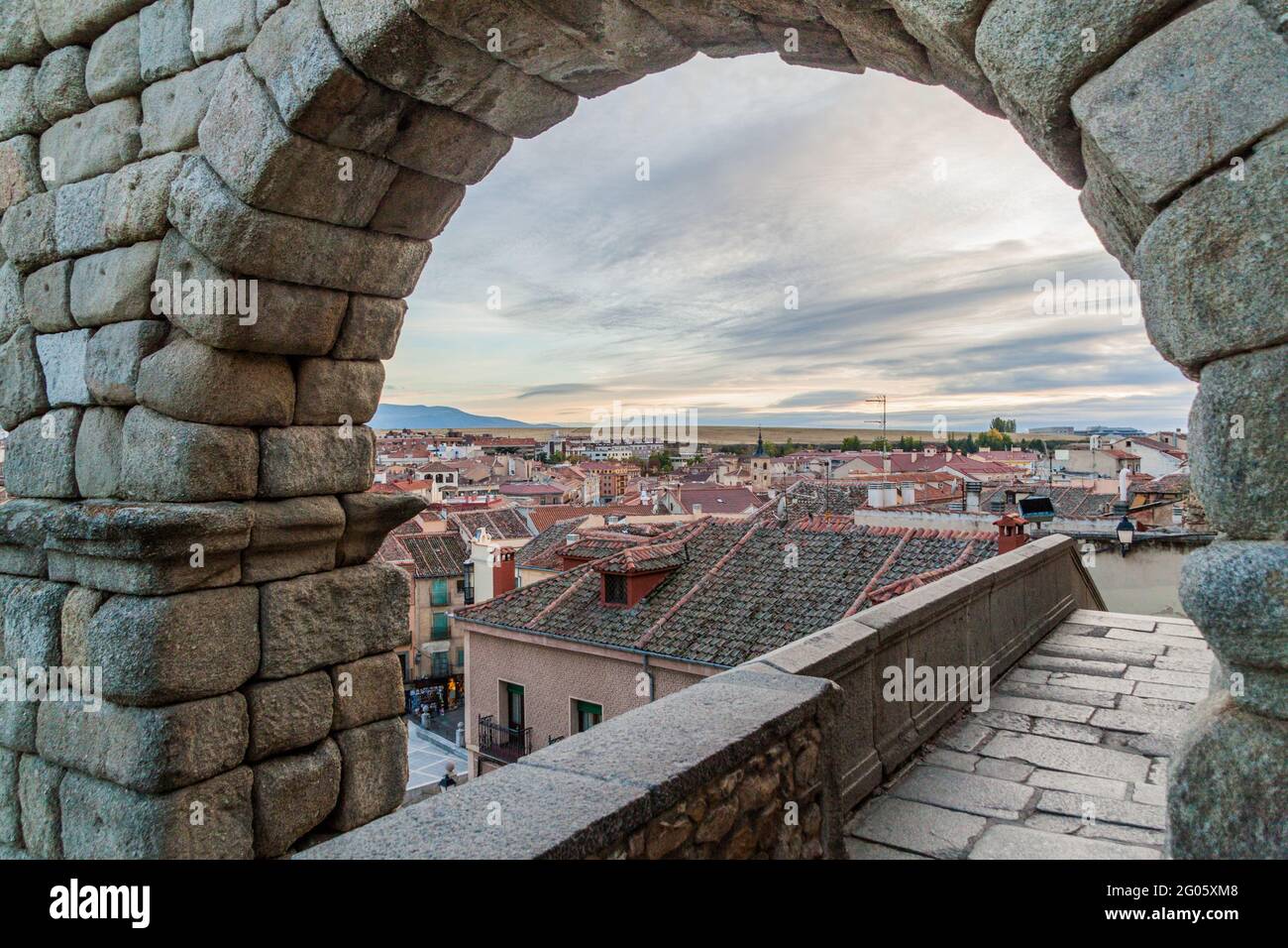 View of the old town from the Roman Aqueduct in Segovia, Spain Stock Photo