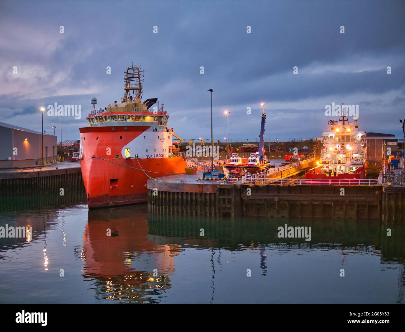 Cyprus flagged Sea Falcon berthed in the port of Aberdeen, Scotland, UK - this vessel is an Offshore Tug and Supply Ship built in 2013. Stock Photo