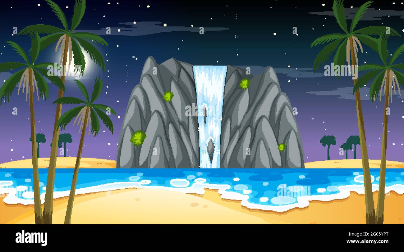 Tropical beach landscape at night scene with waterfall illustration ...