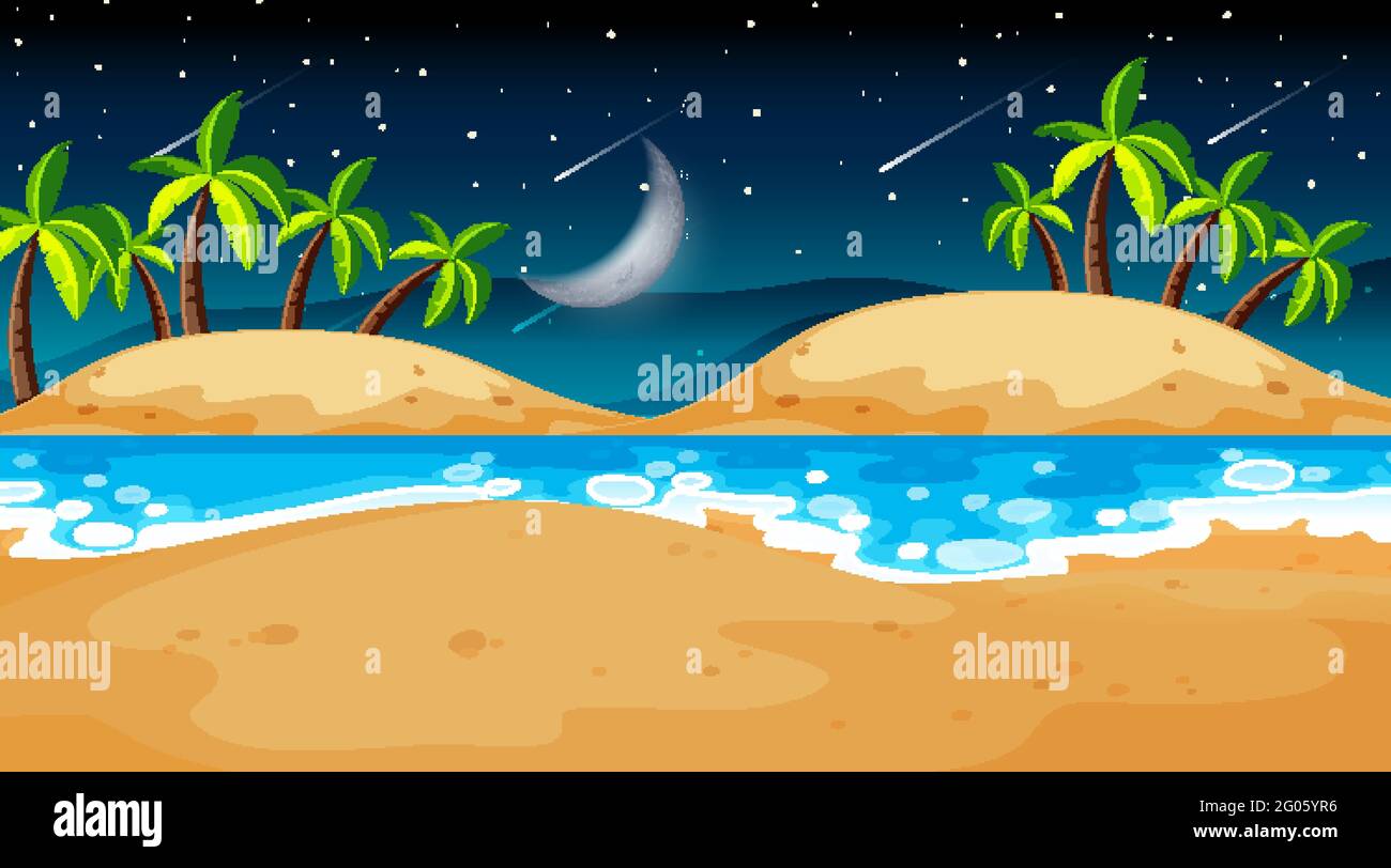 Tropical beach landscape scene at night illustration Stock Vector Image ...