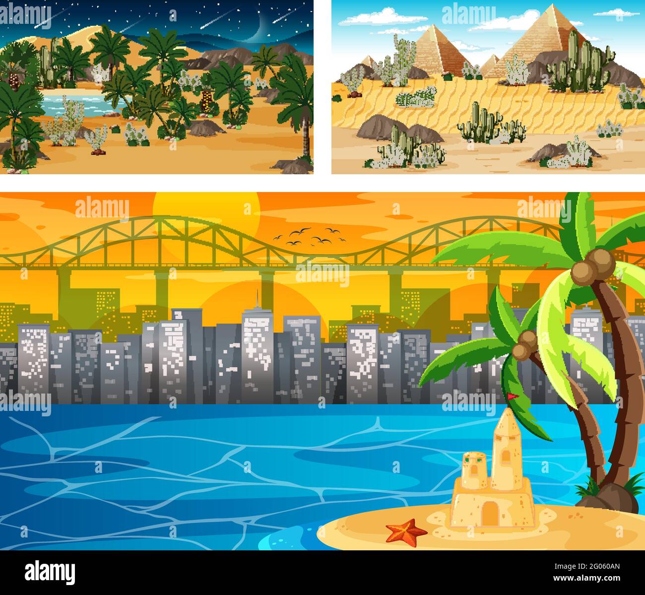 Three different nature horizontal scenes illustration Stock Vector