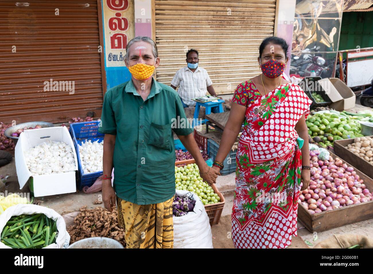 PONDICHERRY, INDIA - June 2021:  Fruit and vegetables market during the lockdown. Only groceries are allowed to be open. Stock Photo