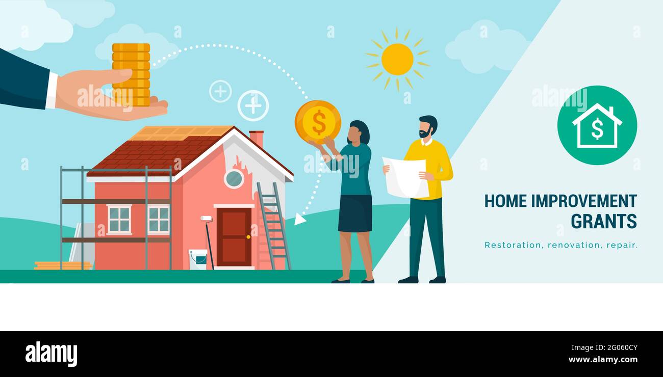 Couple receiving a home improvement grant or loan and doing a home renovation Stock Vector