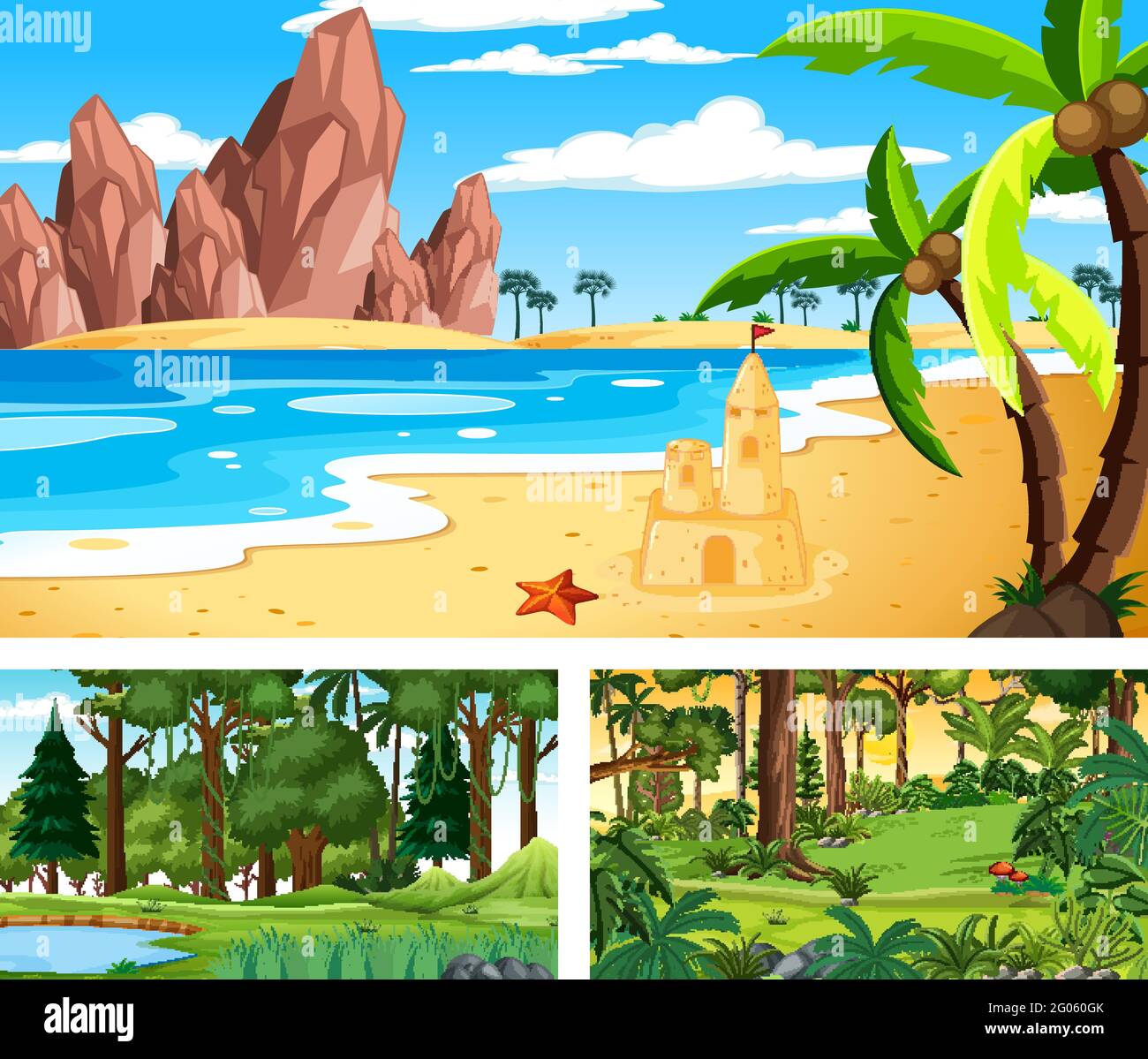 Three different nature horizontal scenes illustration Stock Vector