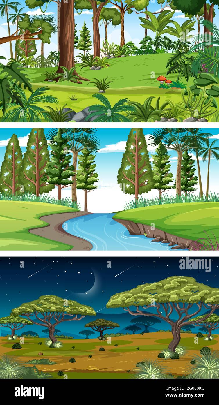 Three different nature horizontal scenes illustration Stock Vector