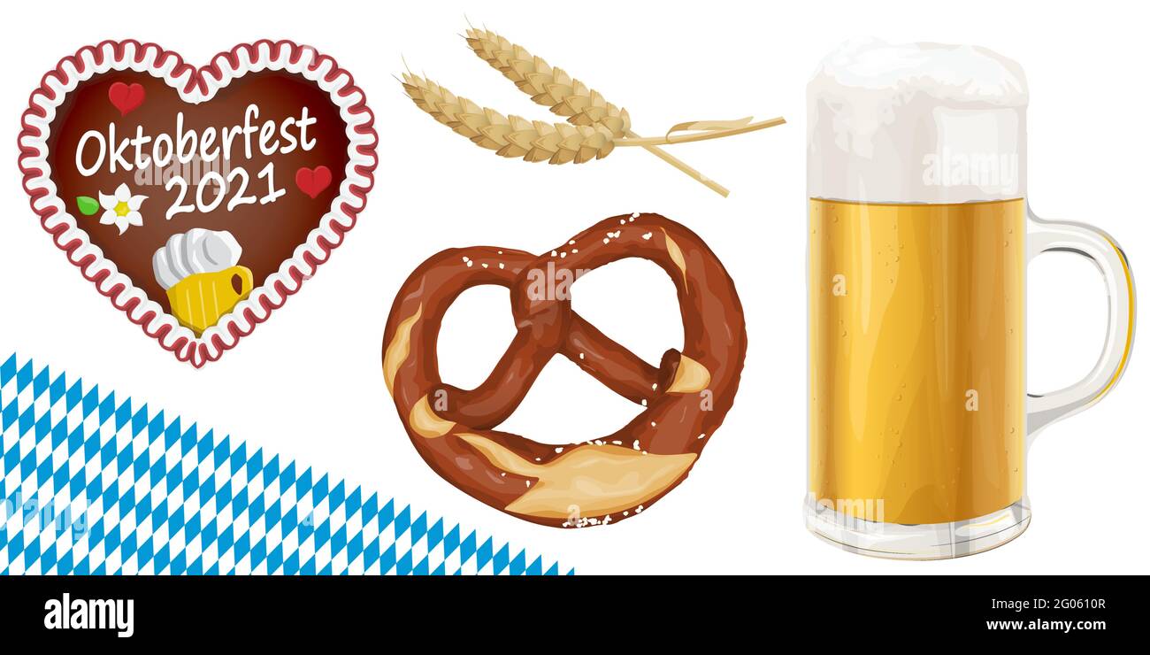 collection of typical illustrated Oktoberfest objects, beer, pretzel, wheat and gingerbread heart for beer garden time 2021 Stock Vector