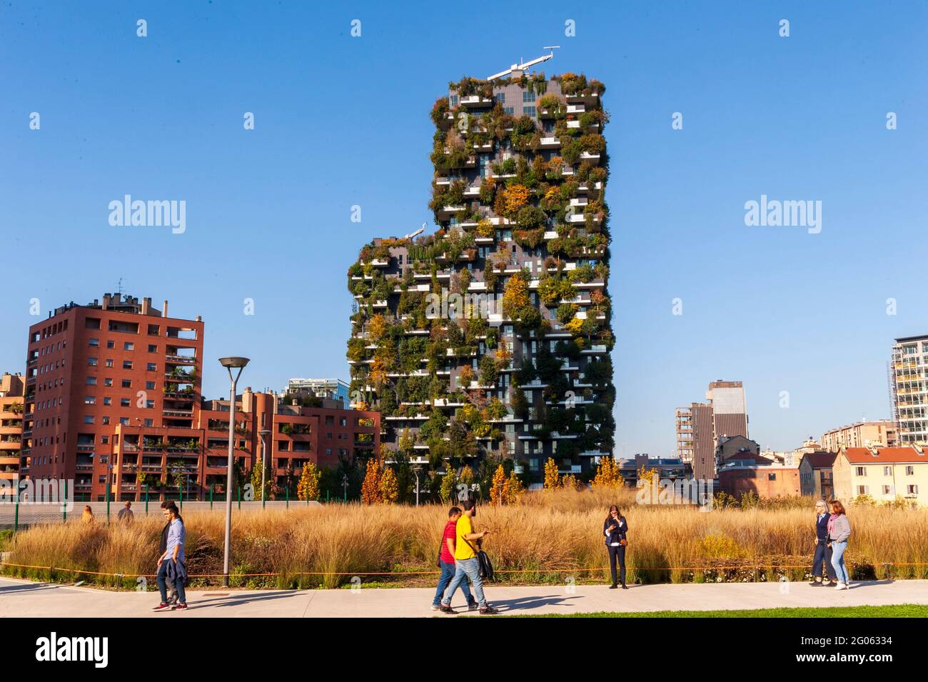 View of Bosco verticale building, a pair of residential towers in the Porta Nuova district of Milan, La Biblioteca degli Alberi, The Trees Library, Po Stock Photo