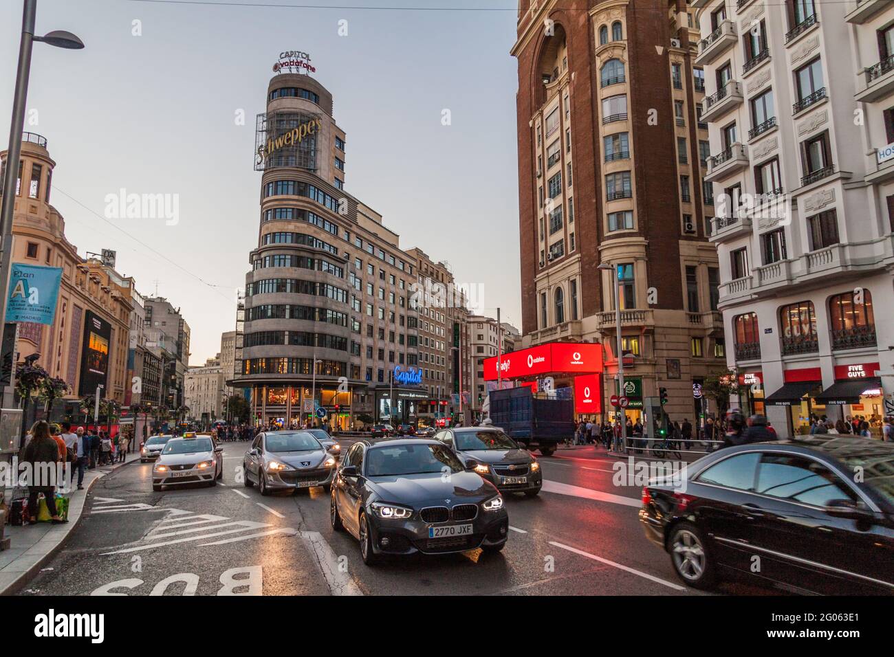 MADRID, SPAIN - OCTOBER 21, 2017: Calle Gran Via street and Carrion Building in Madrid. Stock Photo