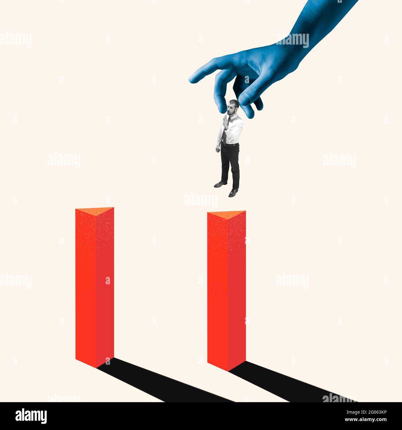 Female hand controls the figure of young man, office worker isolated on