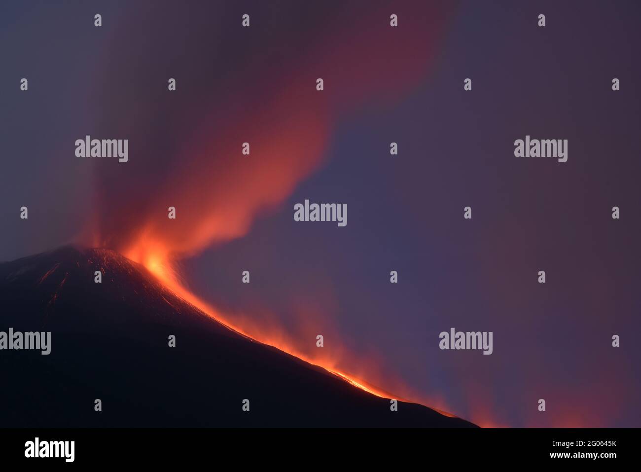 Night eruption of Etna volcano seen from Zafferana Etnea village, Etna National Park, UNESCO, World Heritage Site, Sicily, Italy, Europe Stock Photo