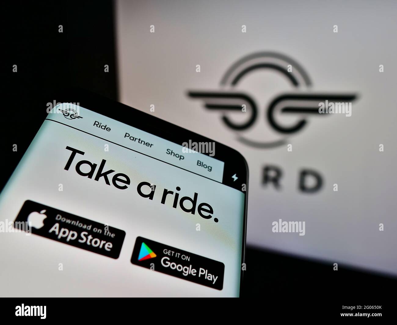Cellphone with website of US electric scooter company Bird Rides Inc