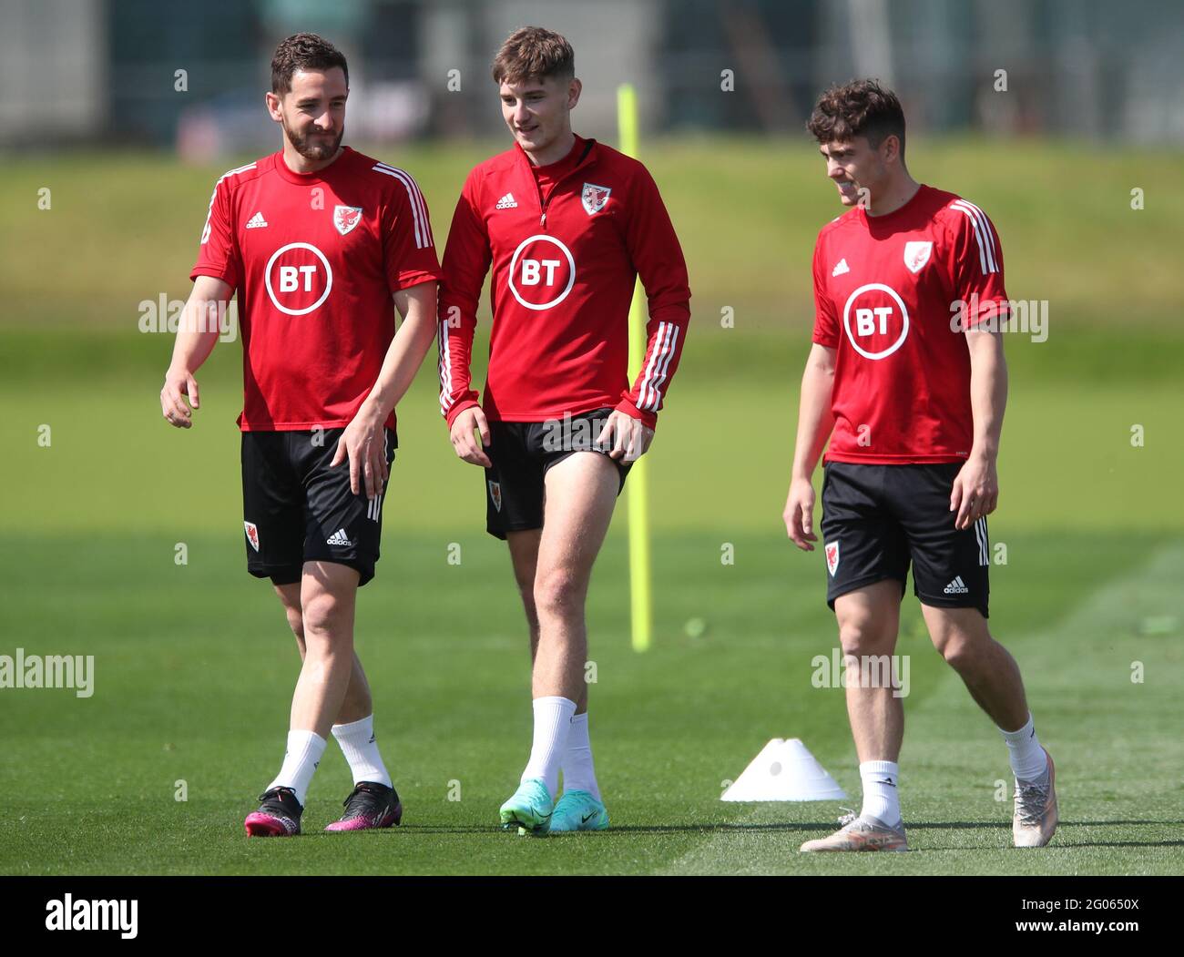 Wales' Tom Lockyer, David Brooks, and Daniel James during the training session at the Vale Resort, Hensol. Picture date: Tuesday June 1, 2021. Stock Photo