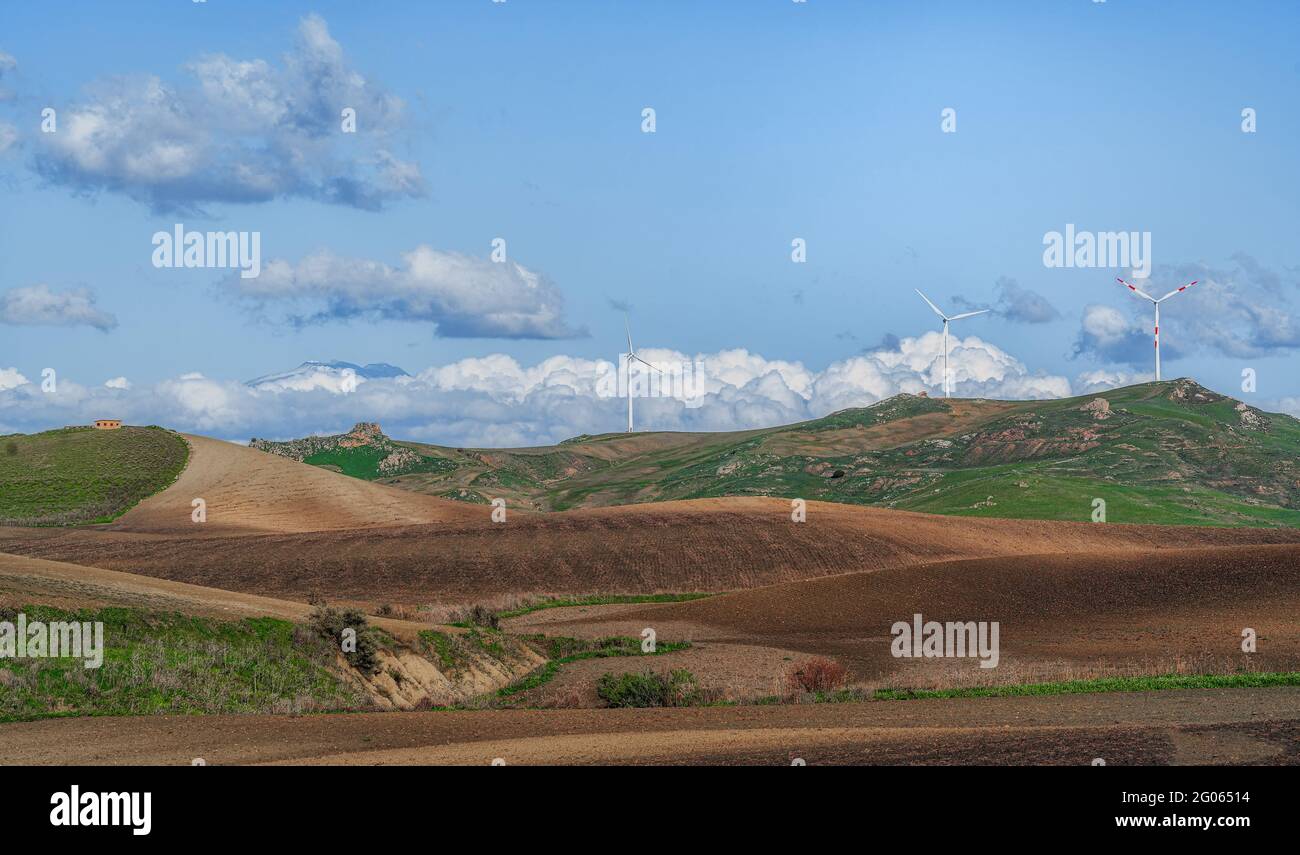 Panorama with wind turbines, in the Aidone area, sky, Italy, Sicily, Europe Stock Photo