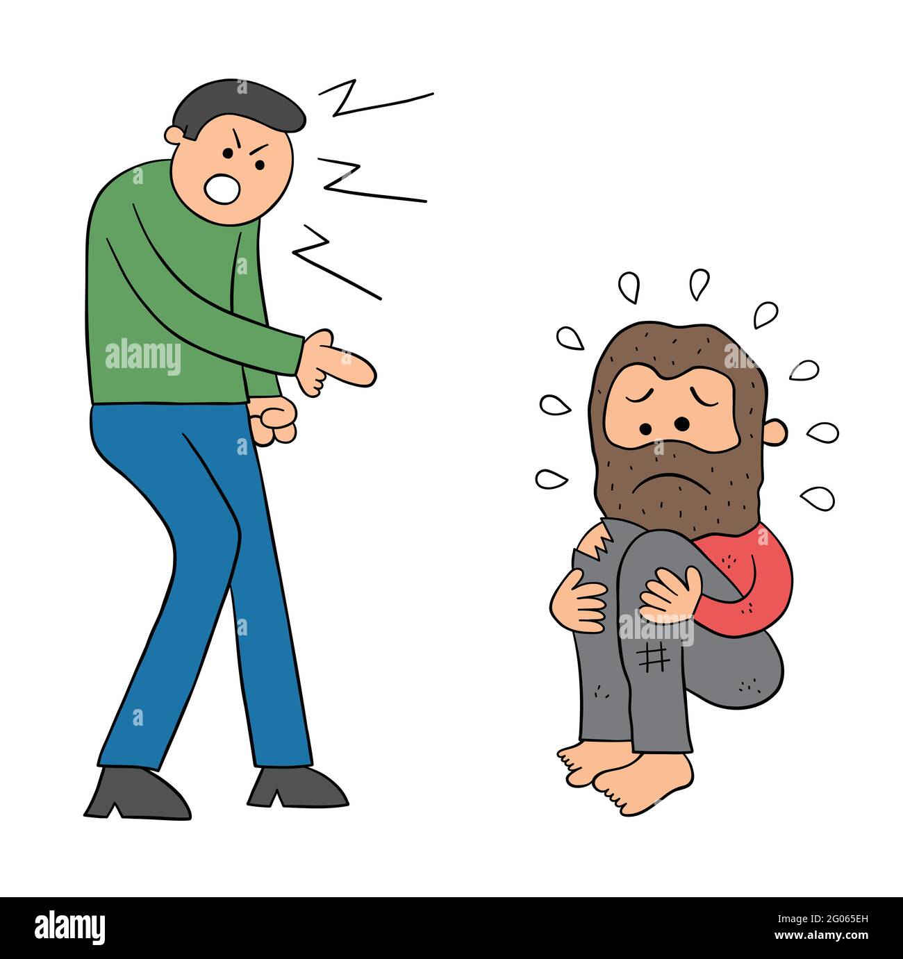 Cartoon bad man insults homeless man vector illustration. Black outlined and colored. Stock Vector