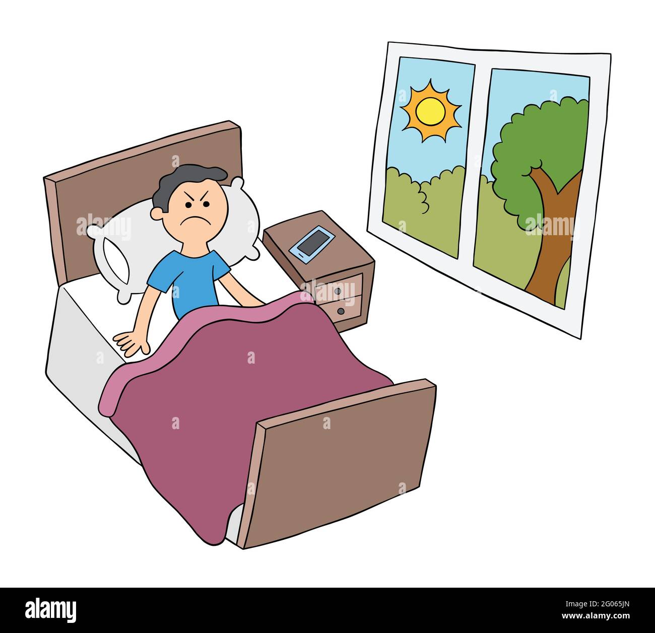 Cartoon man woke up in the morning but very angry, vector illustration. Black outlined and colored. Stock Vector