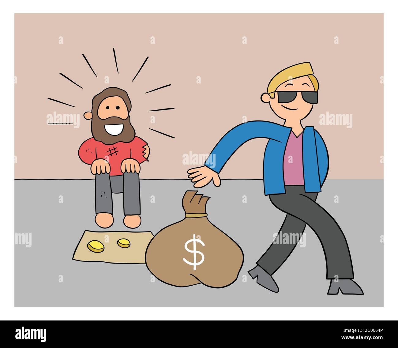 Cartoon rich man giving homeless man a sack of dollars, vector  illustration. Black outlined and colored Stock Vector Image & Art - Alamy