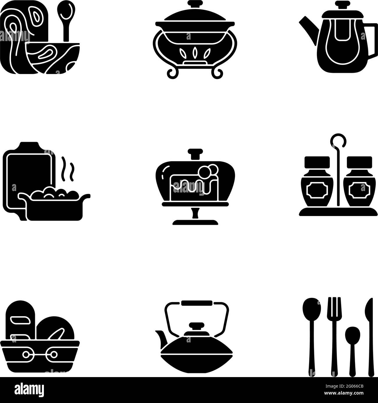 Trendy tableware black glyph icons set on white space Stock Vector