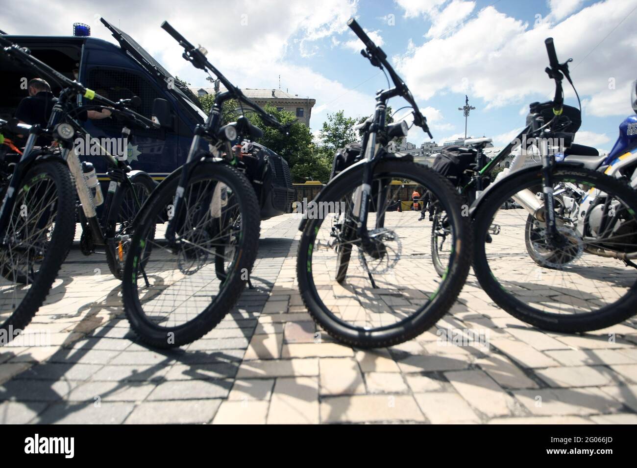 KYIV, UKRAINE - JUNE 1, 2021 - Police bicycles are parked in Sofiiska Square during the celebration of International Children’s Day, Kyiv, capital of Stock Photo