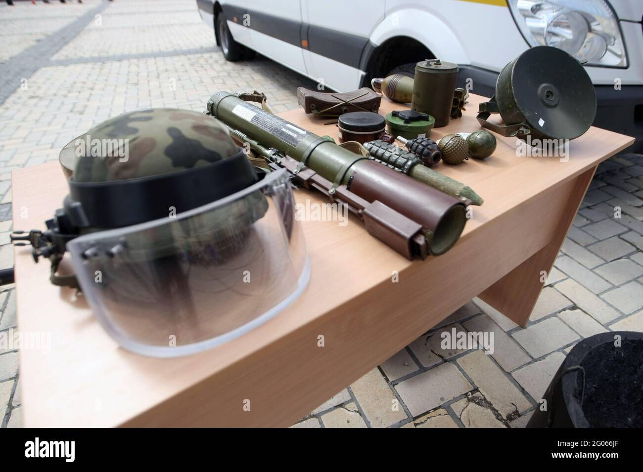 KYIV, UKRAINE - JUNE 1, 2021 - Weapons are on show in Sofiiska Square during the celebration of International Children’s Day, Kyiv, capital of Ukraine Stock Photo