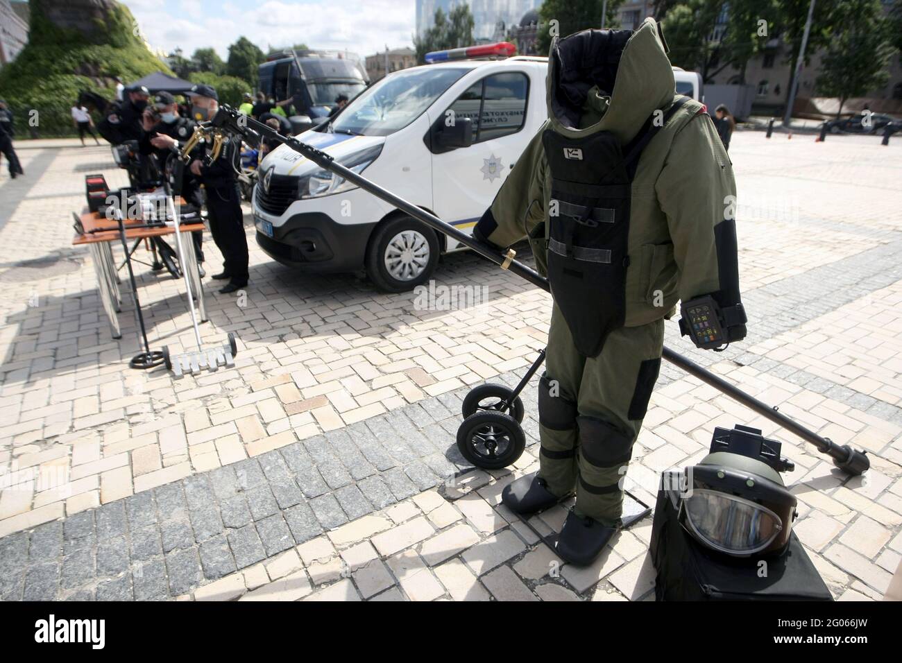 KYIV, UKRAINE - JUNE 1, 2021 - A bomb suit is on show in Sofiiska Square during the celebration of International Children’s Day, Kyiv, capital of Ukra Stock Photo