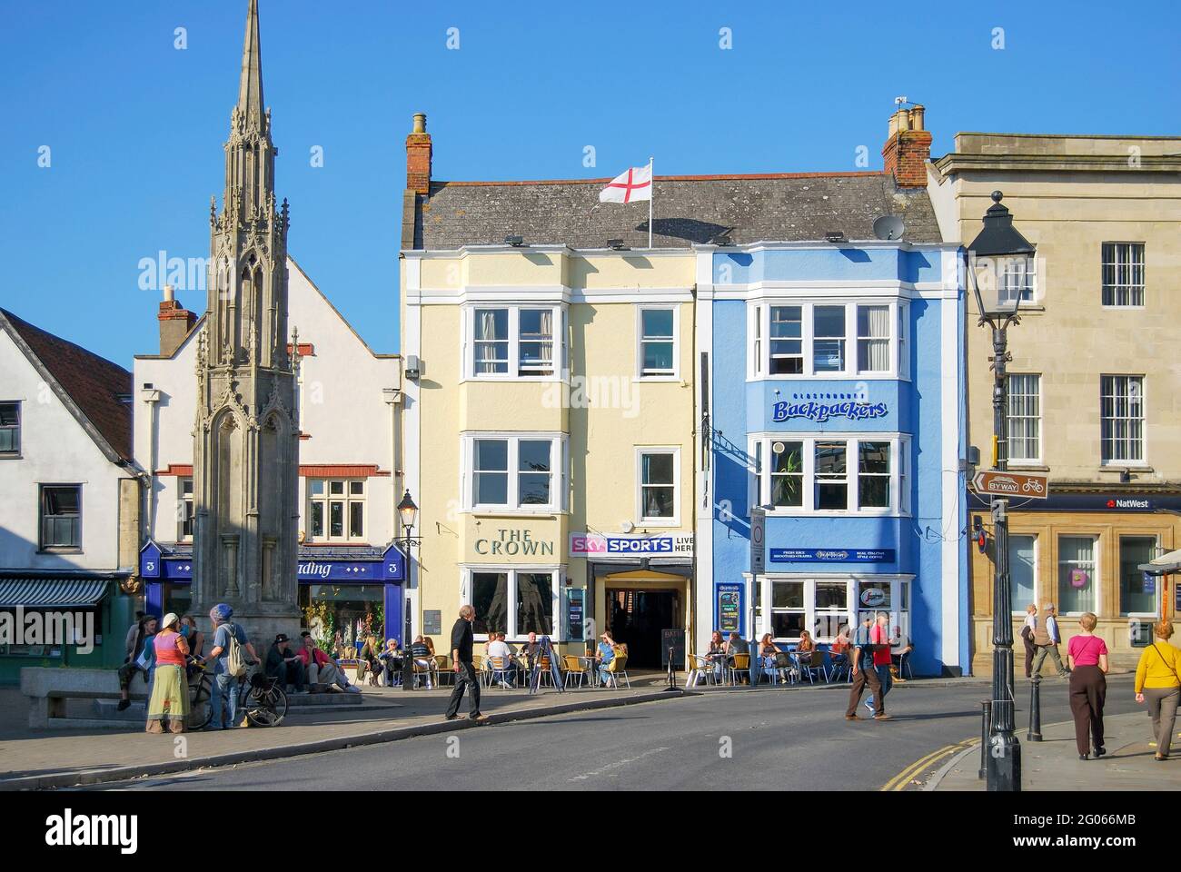 Market Cross and The Crown & Backpackers Pubs, High Street, Glastonbury