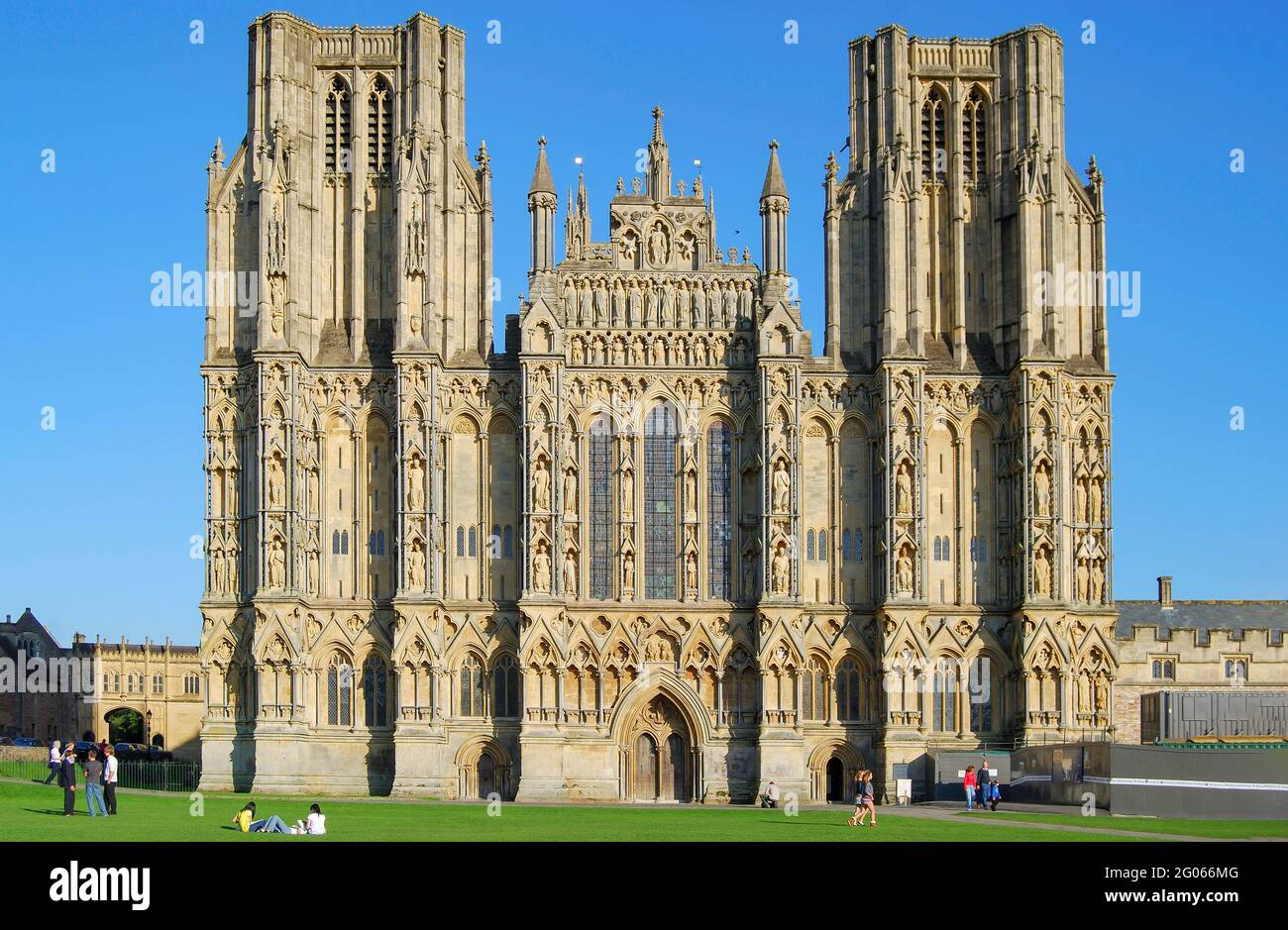 13th century West Front of Wells Cathedral from Green, Wells, Somerset, England, United Kingdom Stock Photo
