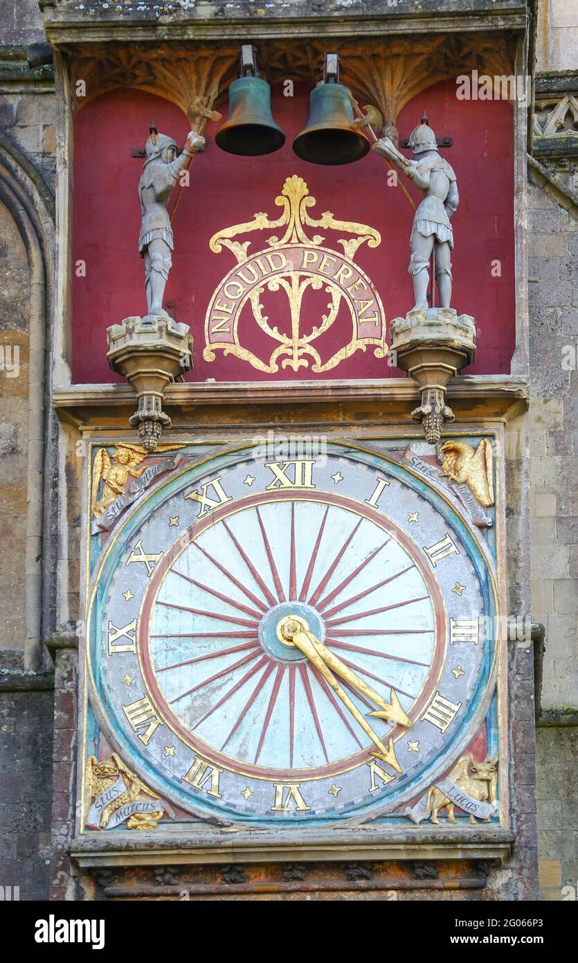 Medieval clock face on north transept of Wells Cathedral, Wells, Somerset, England, United Kingdom Stock Photo