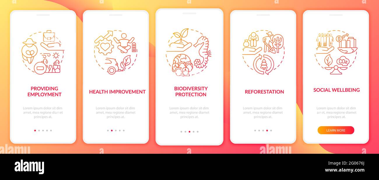 Carbon offset advantages onboarding mobile app page screen with concepts Stock Vector