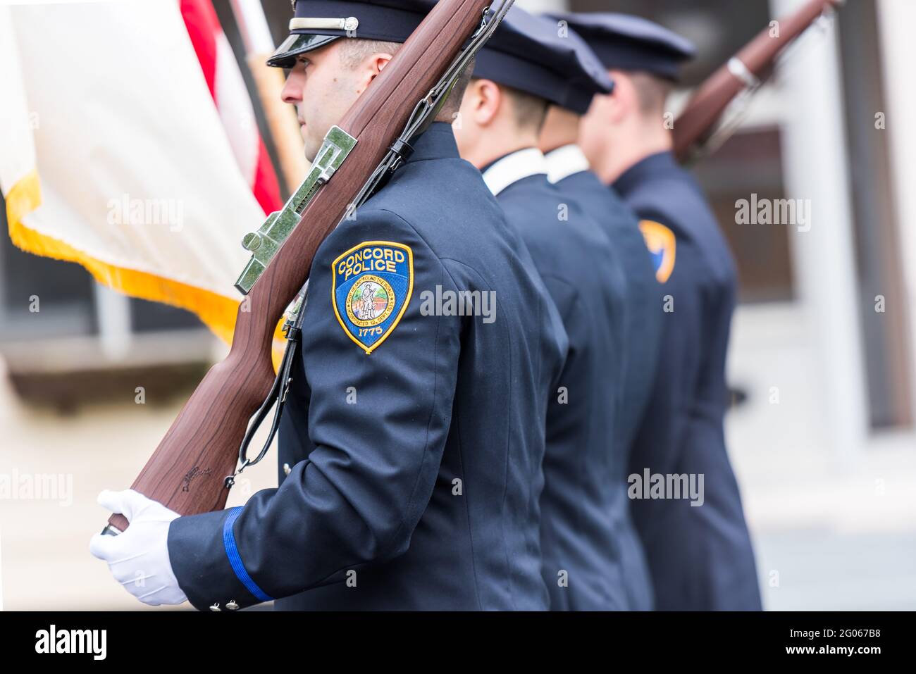 Closeup of Concord Massachusetts Police soldiers honor guard marching