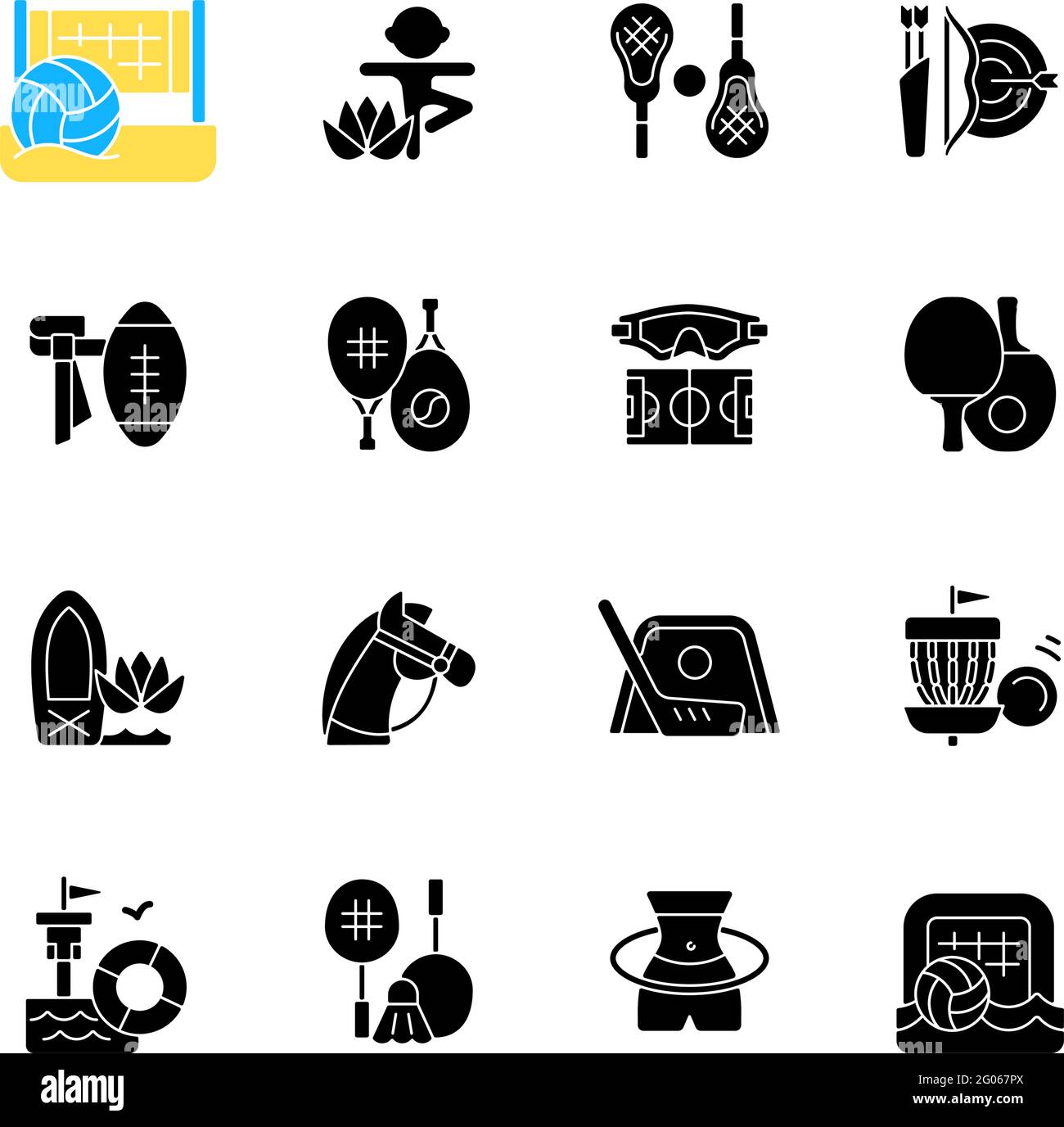 Summer sports and camp activities black glyph icons set on white space ...